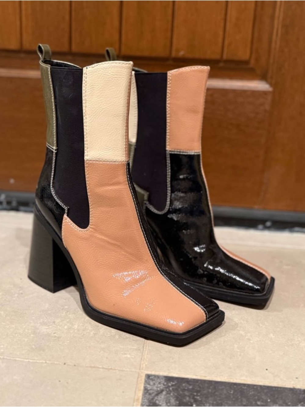 NWOT Patchwork Colourblock Square Toe Boots